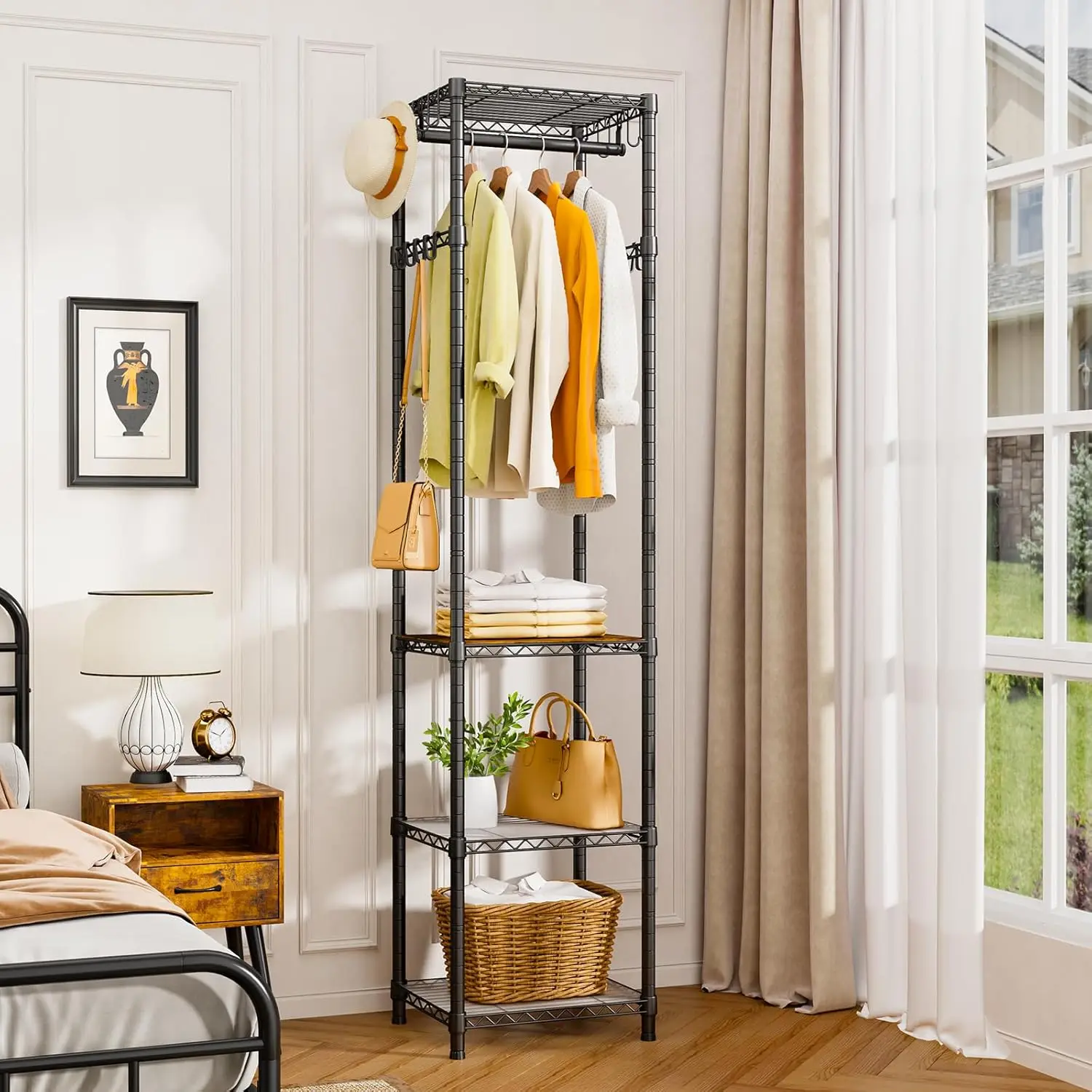 

R1 Coat Rack Freestanding, Hall Tree With 4 Storage Shelves And 16 Hooks, Coat Rack Stand With Shelves, Small Clothes Rack