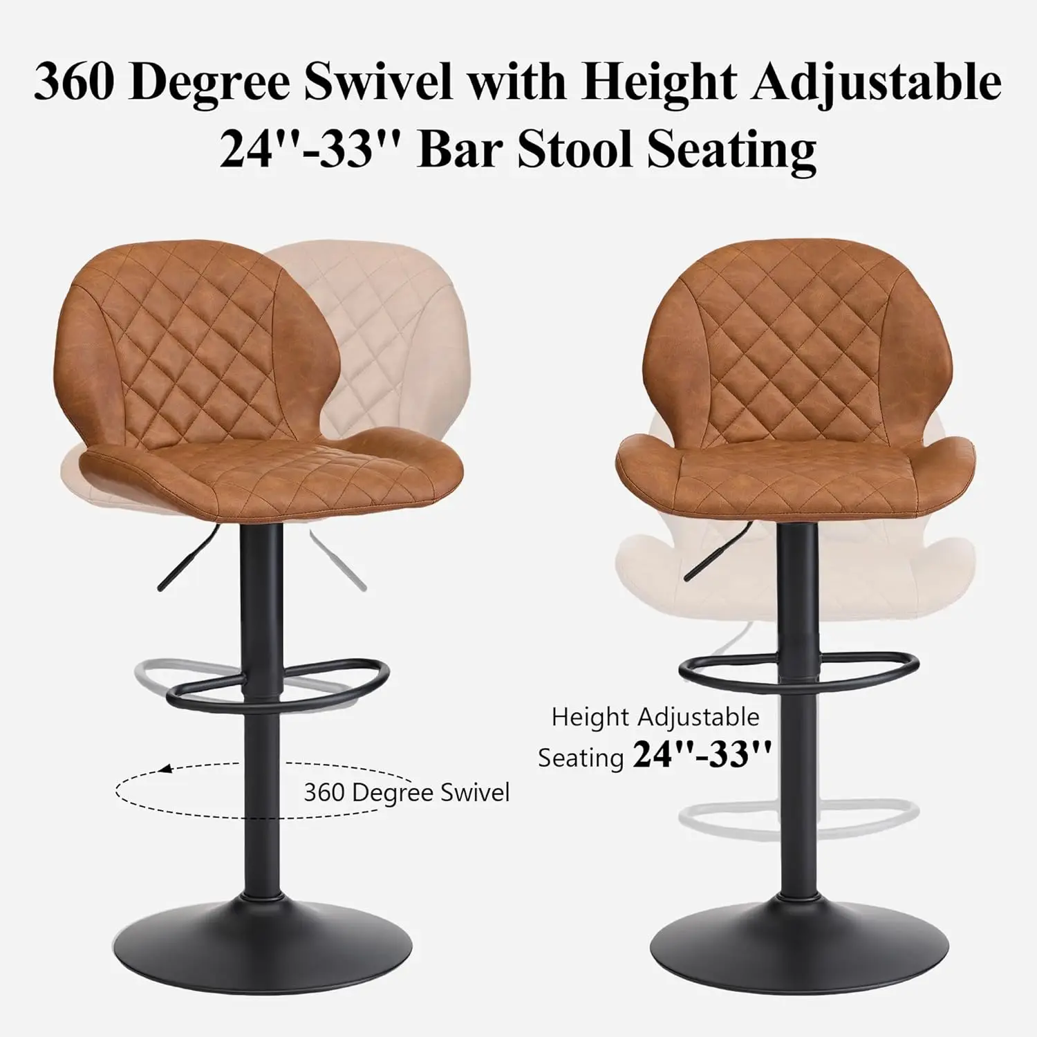 Juego de 3 taburetes de bar, taburetes de bar giratorios marrones con respaldo, taburetes de bar ajustables de 24 a 33 pulgadas, taburetes tapizados en piel sintética, personalizados