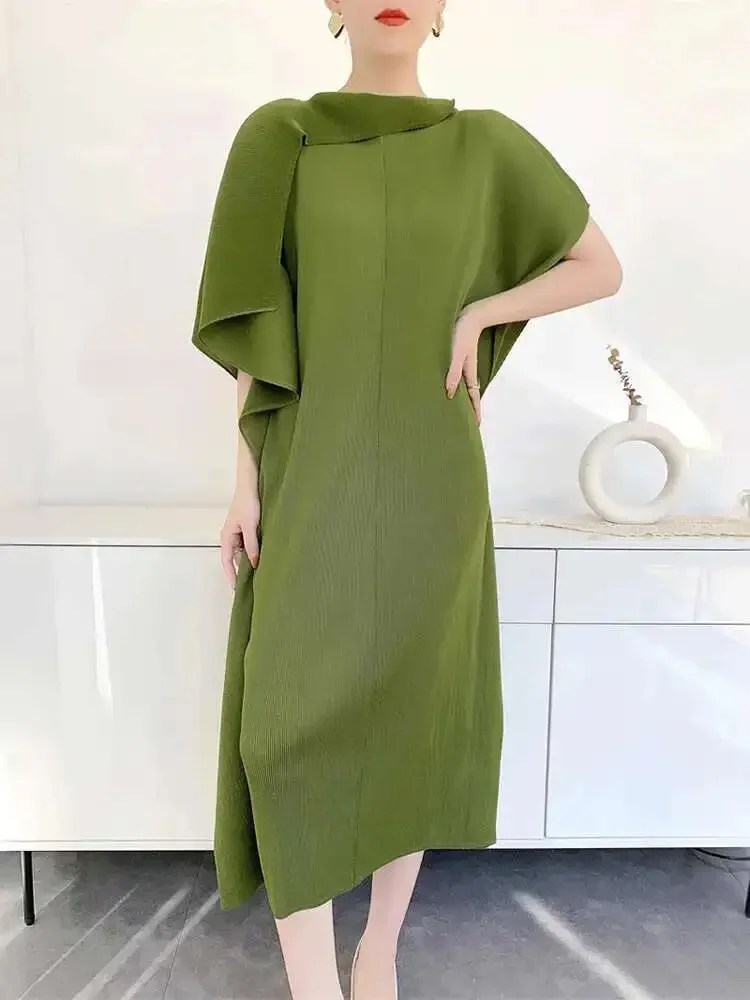 

Плиссированное лоскутное длинное платье, женское однотонное платье с лацканами и короткими рукавами, новинка 2025, женские повседневные платья, модный дизайн Miyake