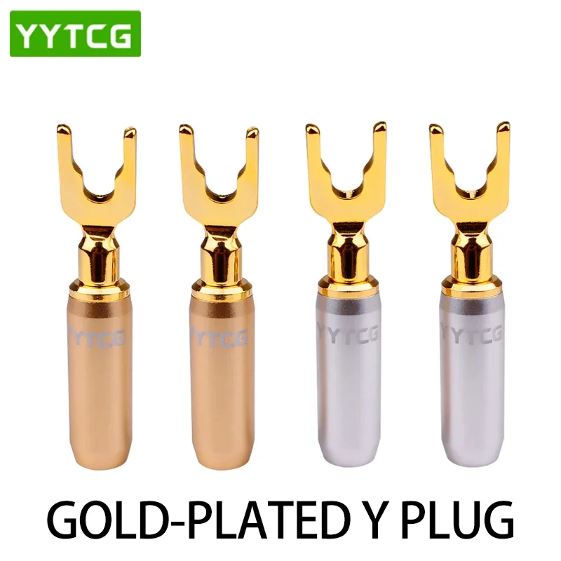 YYTCG 4Pcs/lot Y/U Type Pure Copper Speaker Plugs 24k Gold-plated Speaker Cable Plug Banana Connector