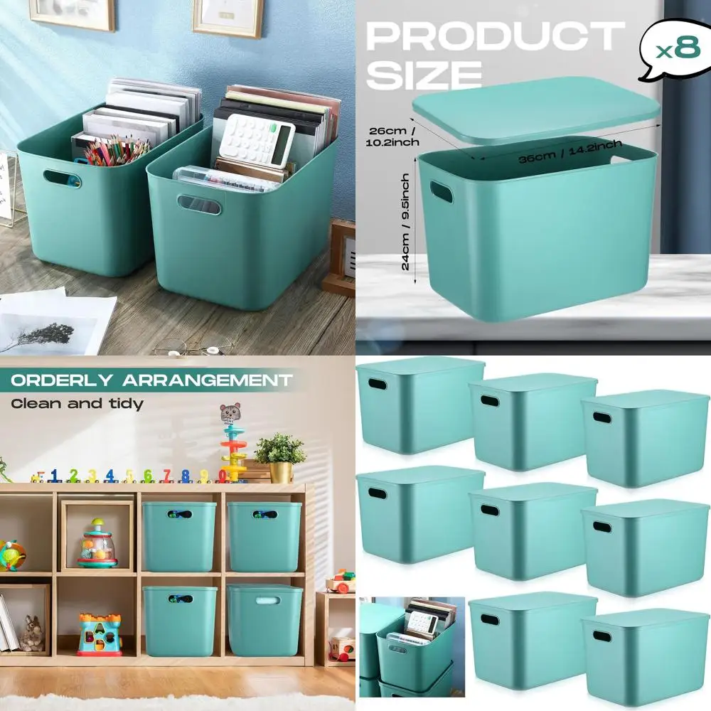 

8-Piece Set of Stackable Plastic Storage Bins with Lids for Home and Office Organization, Green (14.2x10.2x9.5 Inches)