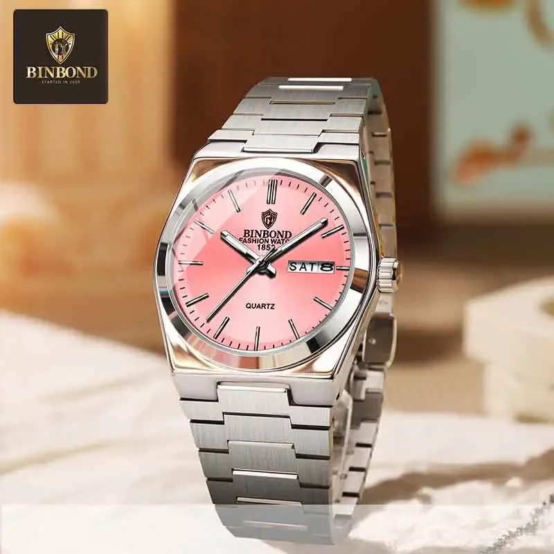 BINBOND العلامة التجارية الفاخرة أزياء المرأة كوارتز ساعة جديدة الفولاذ المقاوم للصدأ الرياضة الأصلية للماء ليلة ضوء التاريخ السيدات ووتش