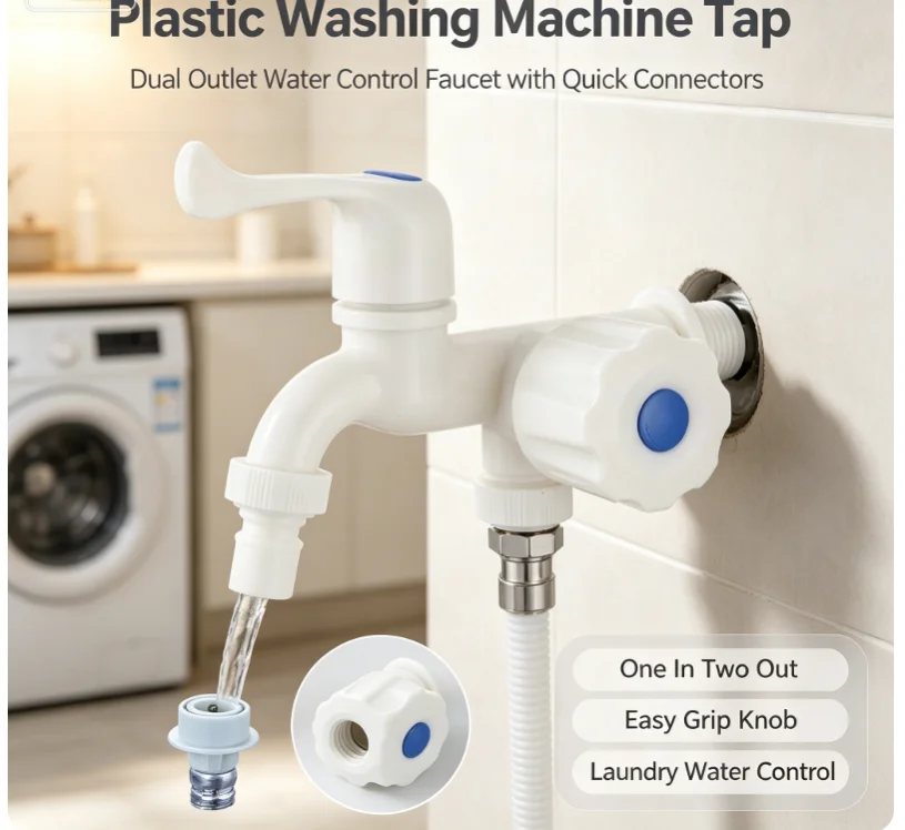 1 Stück G1/2 Zoll Kunststoff-Doppelablass-Wasserhahn mit unabhängigen Steuerungs-Schlauchadaptern für Waschmaschinen und Gartennutzung – Detail 1