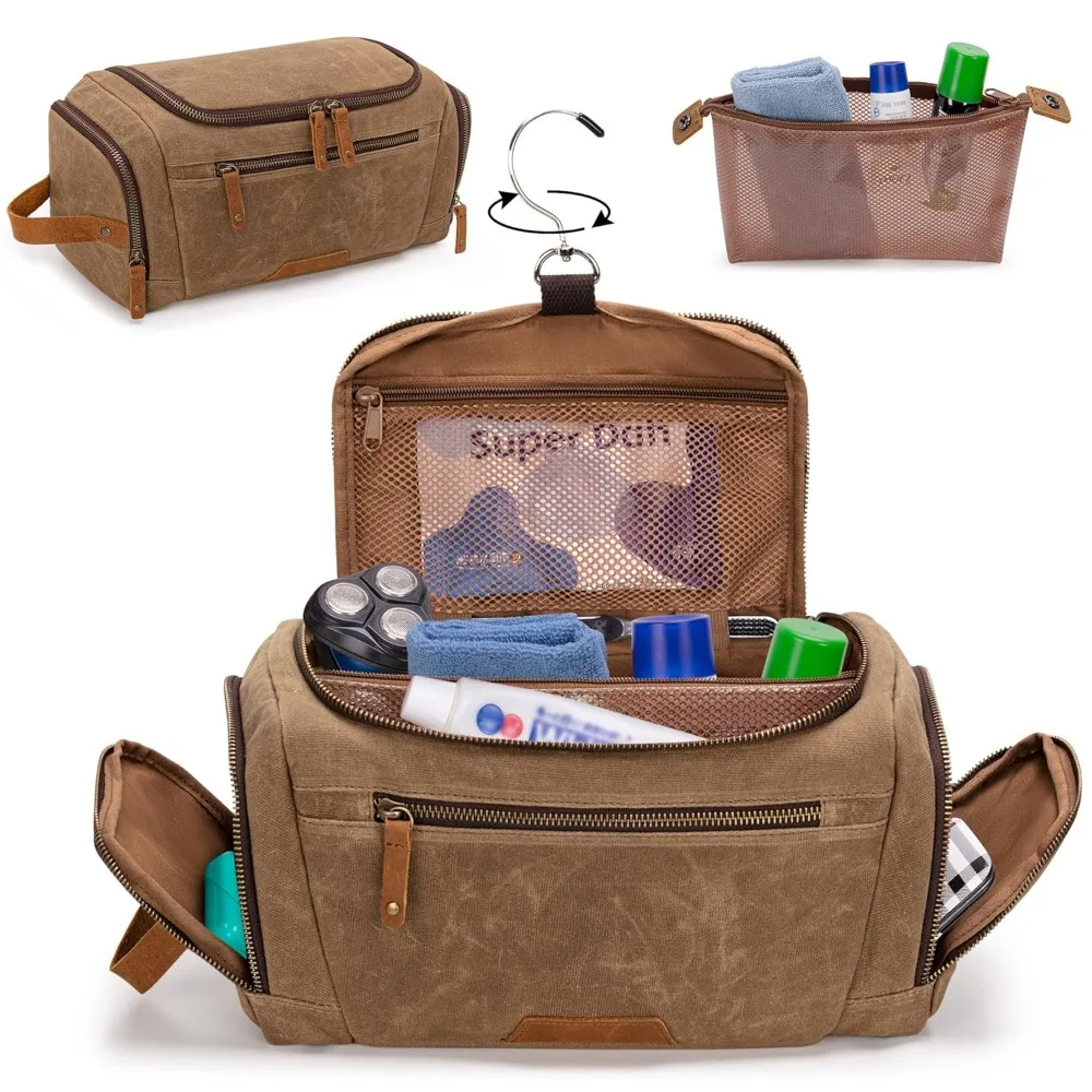 YARWO Sac de voyage de toilette suspendu pour hommes, grand kit Dopp en toile cirée pour hommes, trousse d'hygiène avec pochette à fermeture éclair amovible, résistance à l'eau