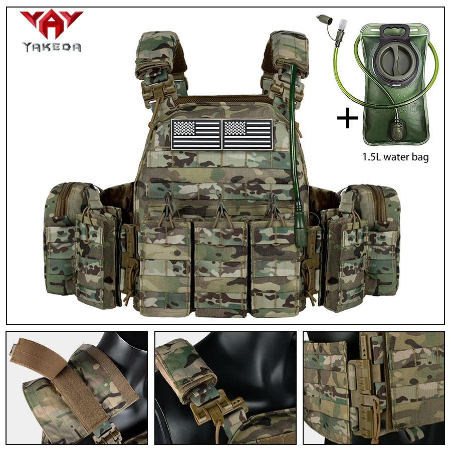 

YAKEDA wilderness exploration quick release vest with triple chest pockets and multiple pockets, paired with a 1.5 L water bag