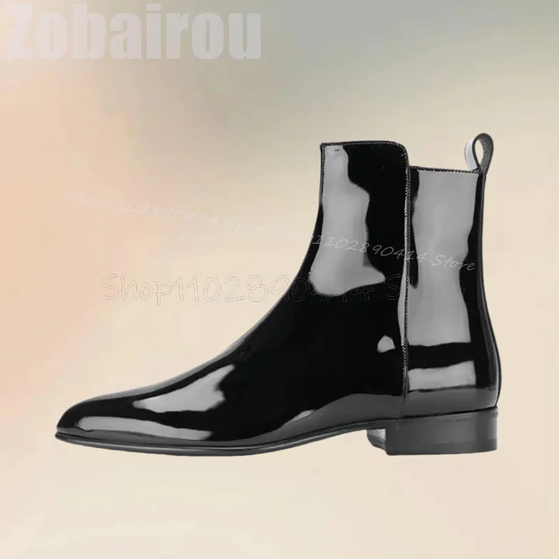 Sepatu bot pria kulit paten hitam boot ujung runcing pertengahan Betis mode ritsleting samping sepatu bot pria pesta mewah buatan tangan sepatu pesta kantor pria