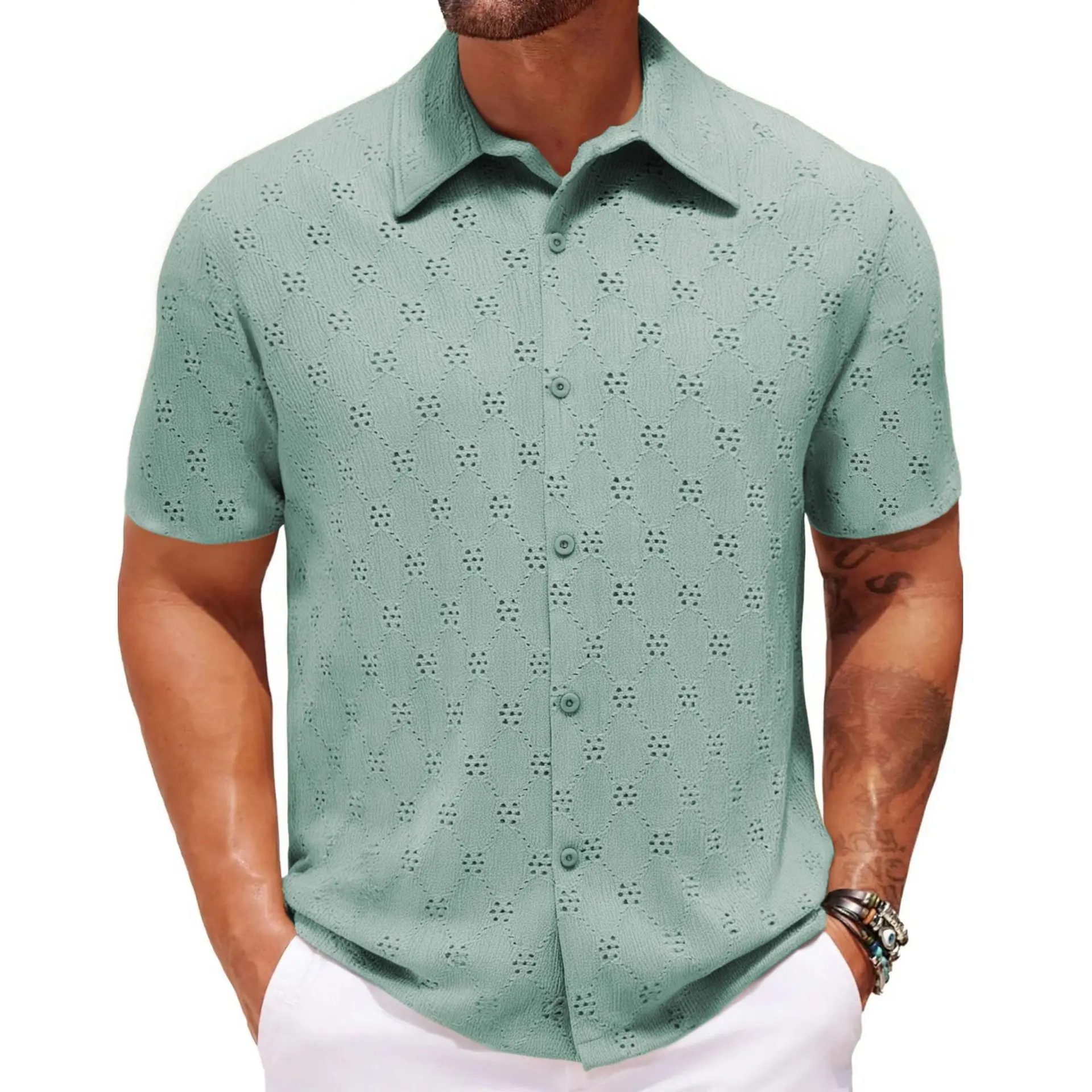 Men Hollow Jacquard Shirt Summer Casual Short Sleeved Lapel Hawaiian Shirts Designer Clothes Men