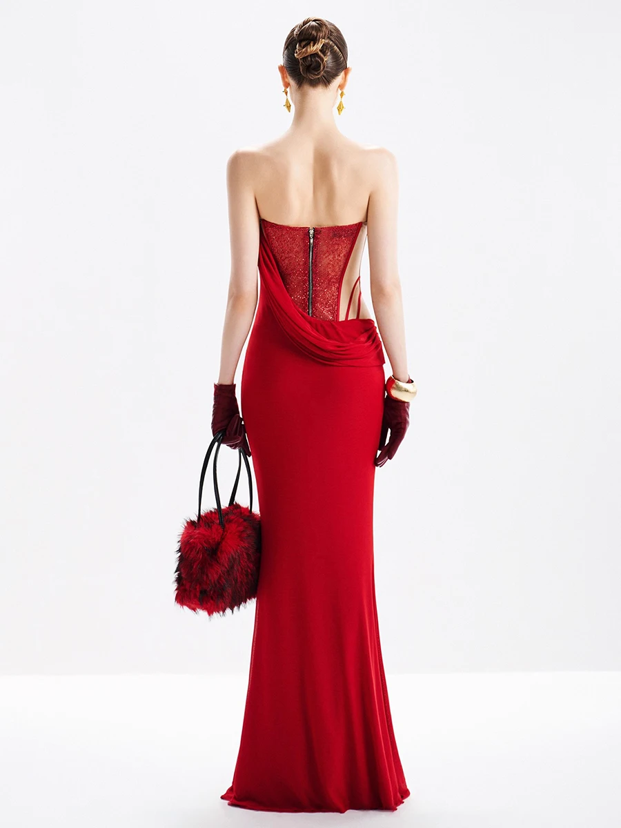 TWOTWINSTYLE Solide Sheer Verstärktes Pailletten Sexy Kleider für Frauen Liebsten Ärmellose Tunika Patchwork Falten Langes Kleid Weibliche Neue