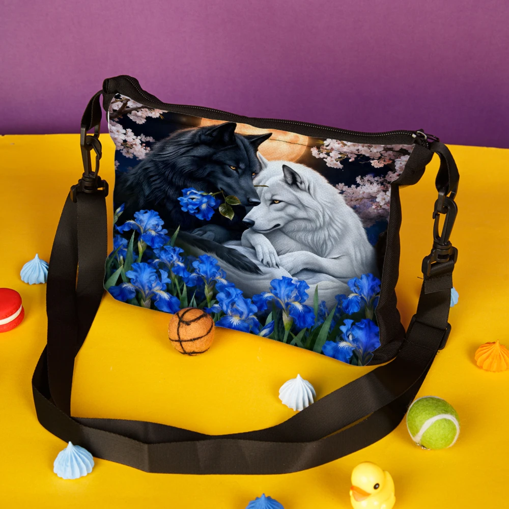 1pc Wolf Couple Floral Print Crossbody Bag Black Shoulder Bags For Women Outdoor Travel Daily Use Fashion Handbag Messenger Bag