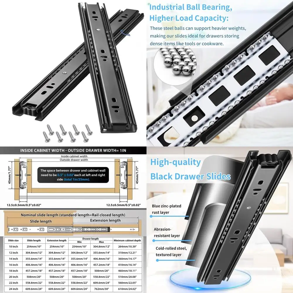 

Pair of 10 Extension Slides with Side Mount Rails, Ball Bearing Tracks, 100 LB Capacity