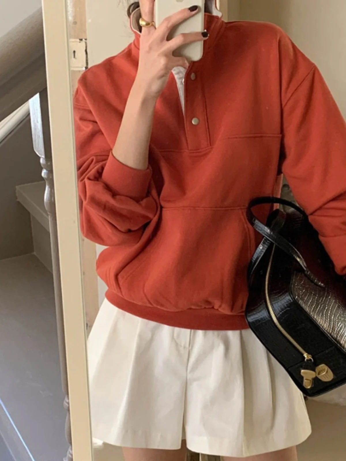 

Autumn Winter New Style Orange Loose Lapel Hoodie Women Overhead White Lazy Style Fleece Long Sleeve Top Trendy Streetwear