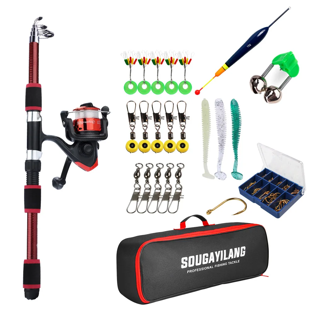 

Sougayilang Spinning Fishing Rod and Reel Combo1.8M Telescopic Rod Spinning Reel Baits Hooks Travel Pole Set