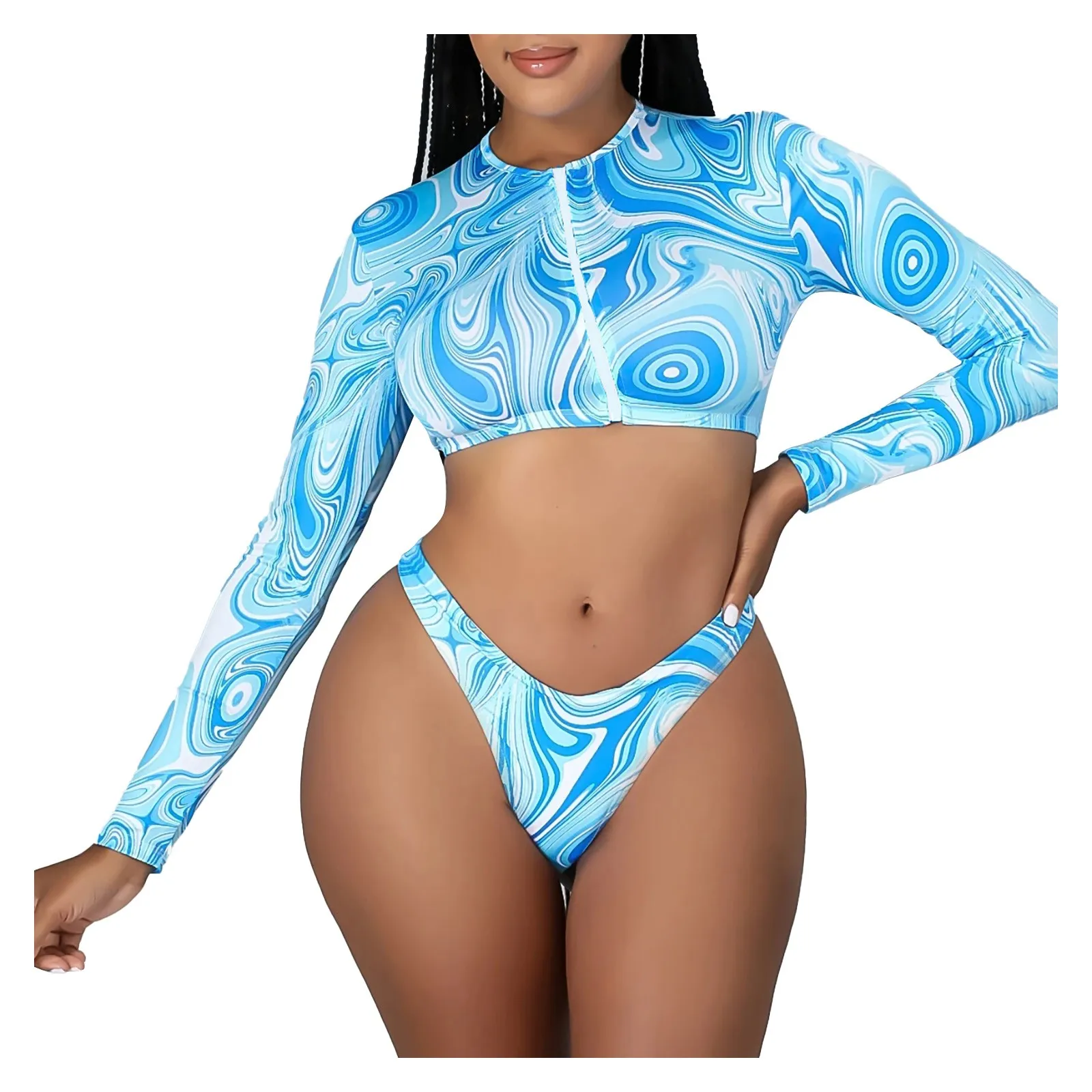 Sleeve Waist Long Split Bikini Temperament Zipper Beach Swimsuit Women\'S High Sexy Push Up Set Summer Beach Wear Swimming Hawaii