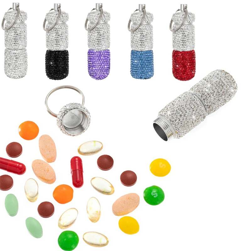 Retro Full Rhinestone Zinc Alloy Medicine Bottle Pill Box Tablet Holder Sparkling Pill Box Mini Pill Holder Organizer Keychain