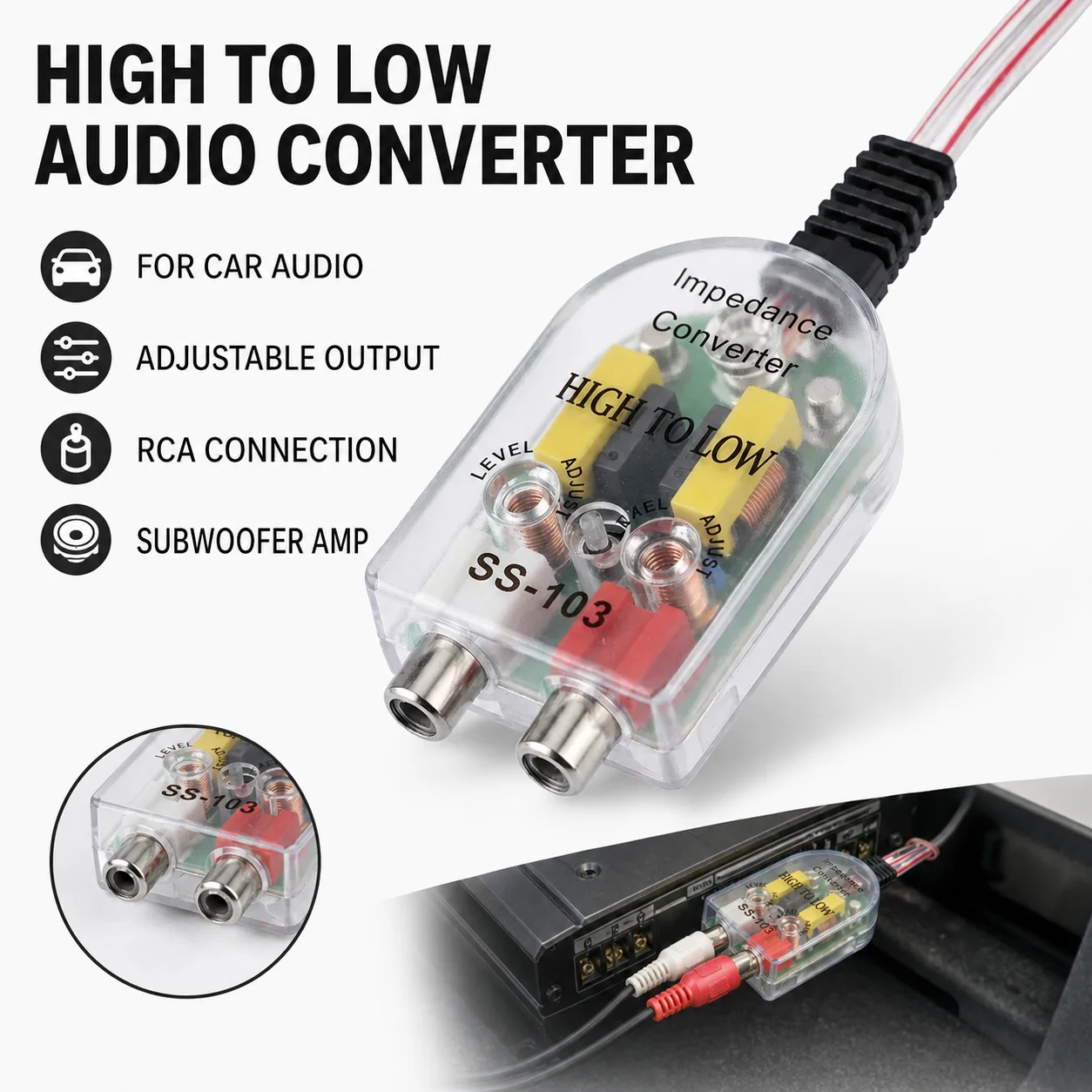 Car Audio High to Low Converter Speaker Wire to RCA Adapter Adjustable Output for Subwoofer Amplifier High to Low Car Audio Acc