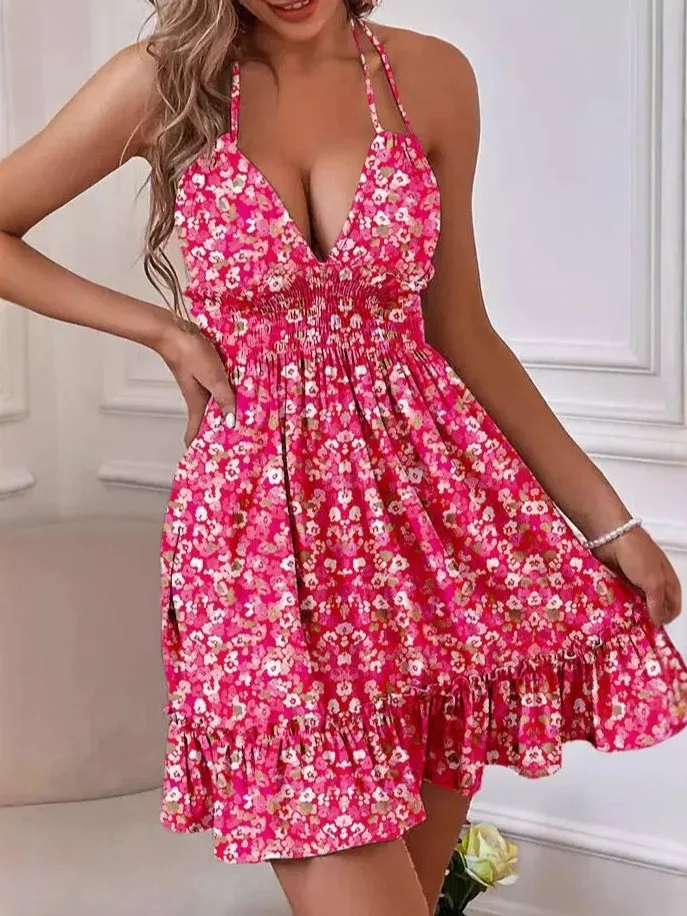 

Women's Dress Floral Print Pink Sleeveless V Neck Dresses Ruffle Hem Smocked Waist Mini Dress Halter Neck Backless Summer Dress