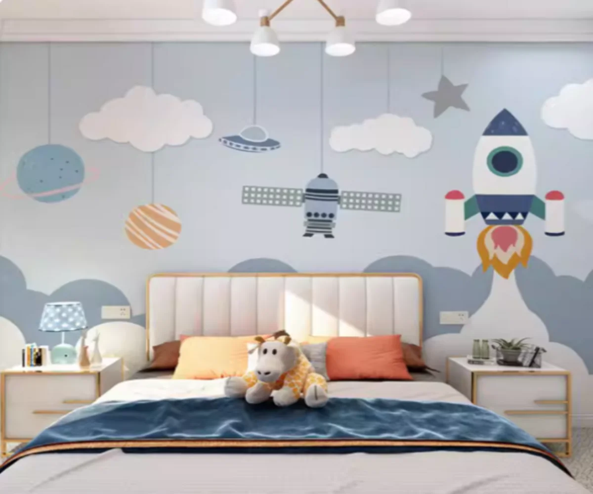 Customized cartoon mural Nordic Cartoon Space Rocket boy and girl children's room cartoon background wall wallpaper