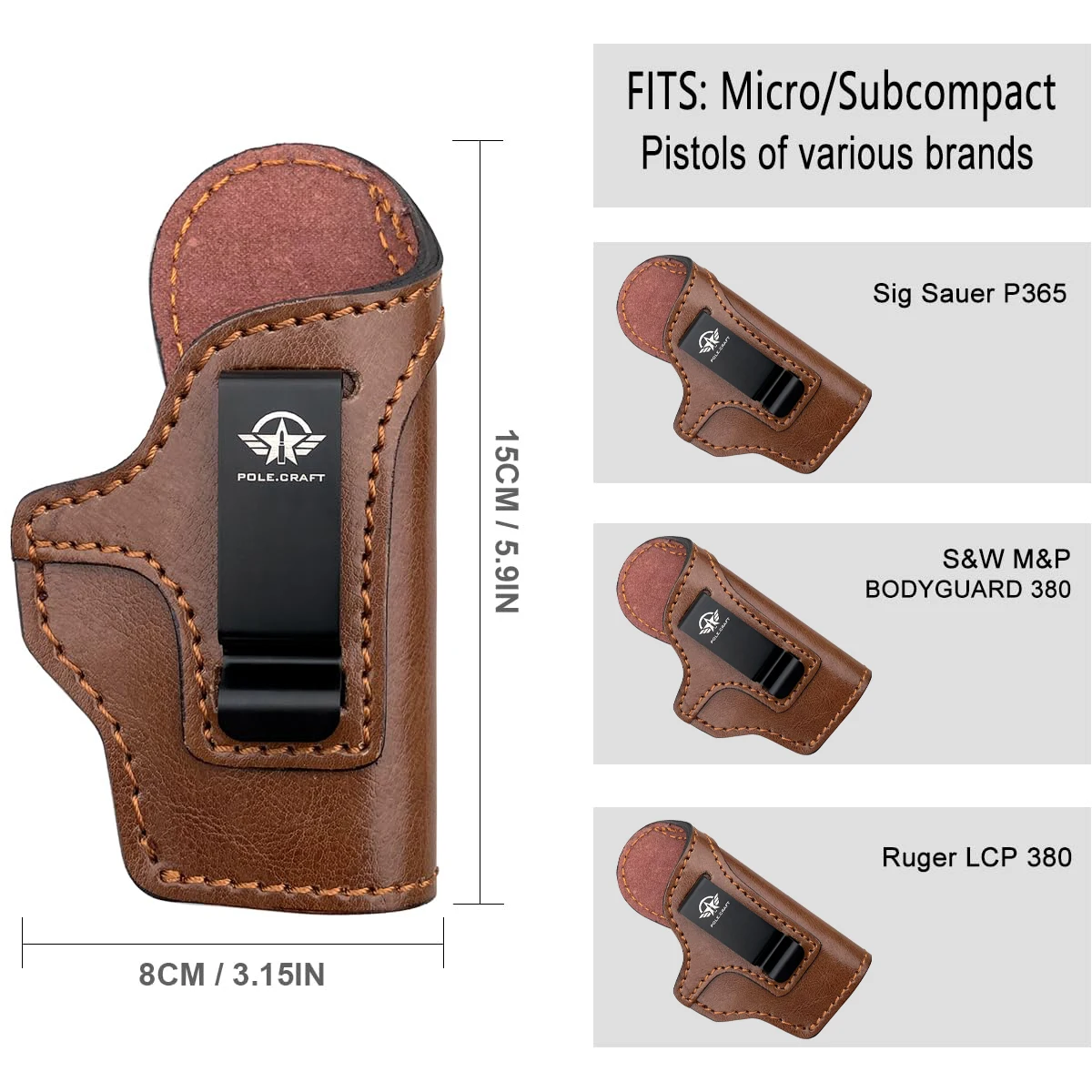 Fondine per pistola in pelle IWB per piccole pistole: Ruger LCP380 LCP MAX LCPII- S&W Bodyguard 380 Beretta Pico - Walther PPK 380 CCP