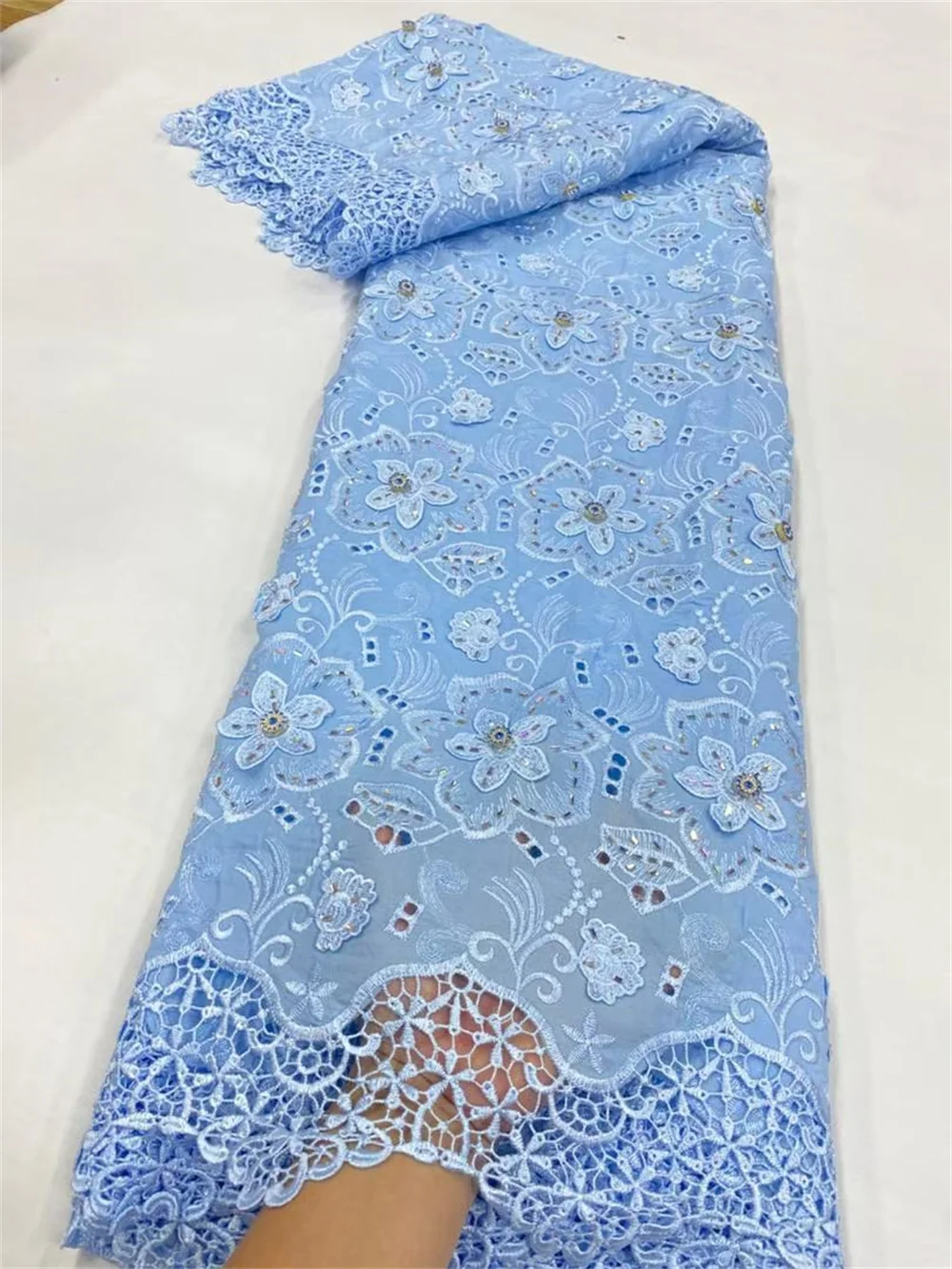 

2025 High-Quality Africa Nigerian Sequins Cotton Embroidery Lace Fabric Tulle for Wedding Party Dress Chiffon 5Yards JL518