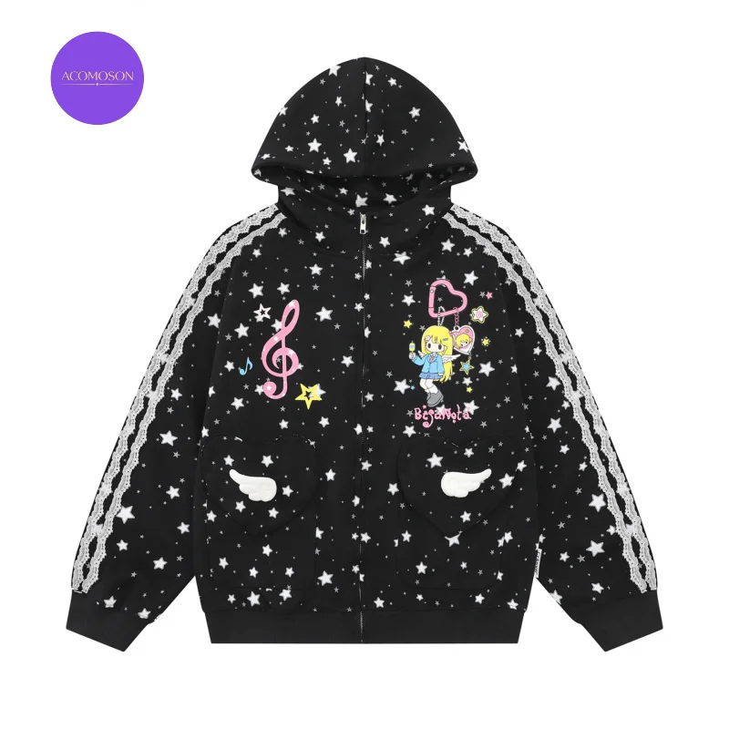 ACOMOSON Oversize Polka Dot Cartoon Musical Note Print Hoodie Autumn Winter Women Holiday Travel Party Colleague Casual Hoodie