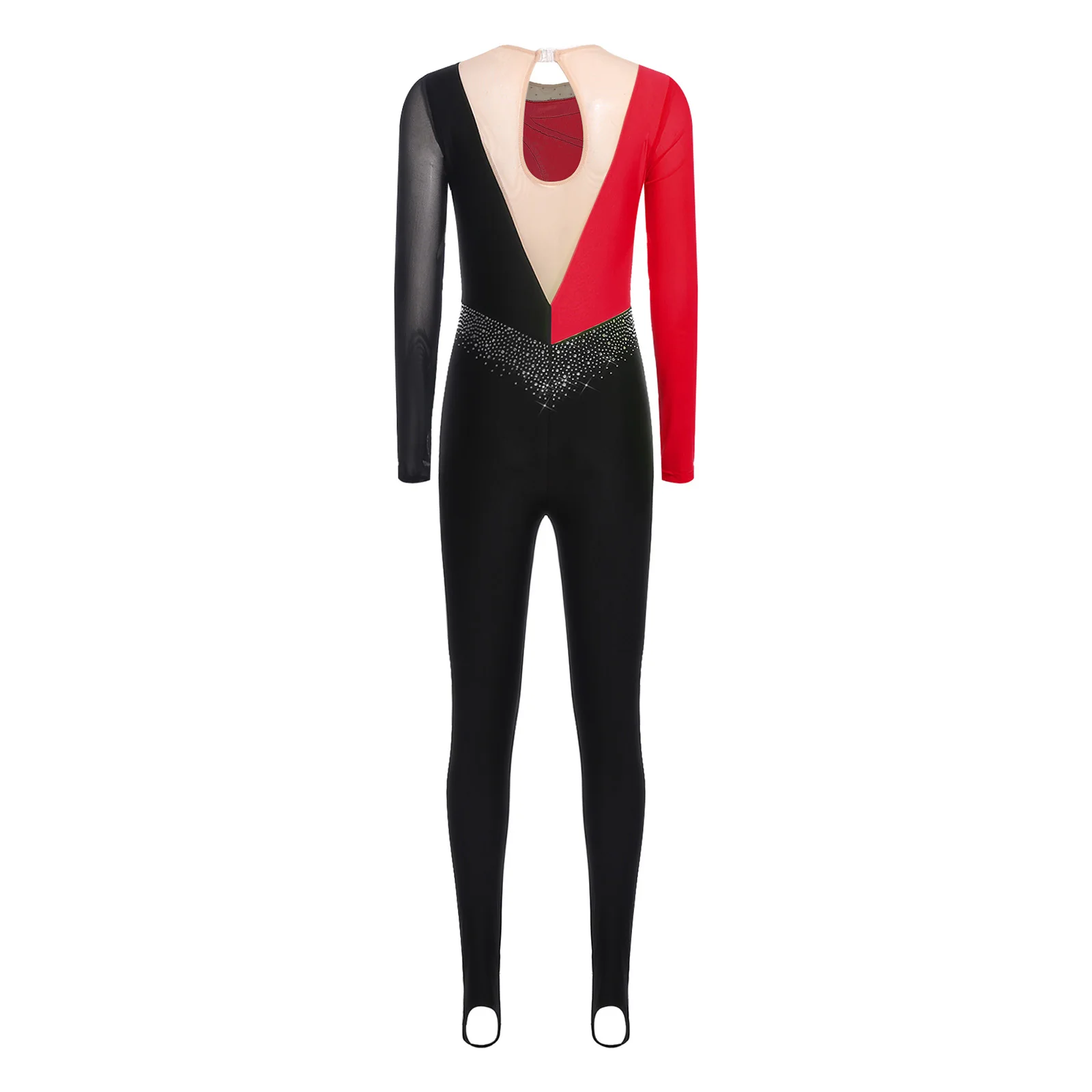 

Women Figure Skating Full Bodysuit Long Sleeve Gymnastics Dance Jumpsuit Rhinestone Mesh Stirrup Leggings Ballet Leotard Unitard