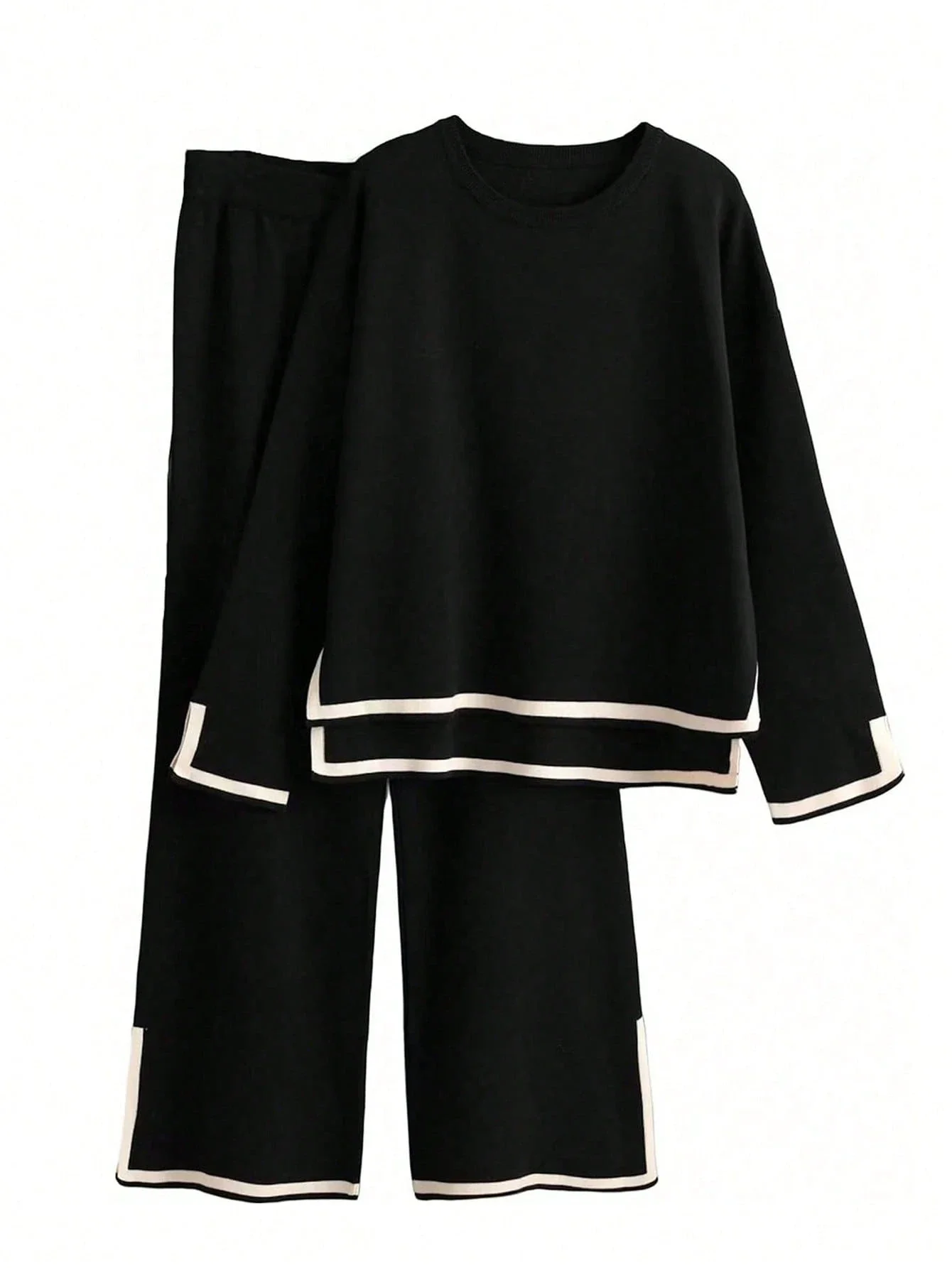 

Women's Black Two Piece Set Loose Casual Round Neck Long Sleeve Sweater And Wide Leg Pants