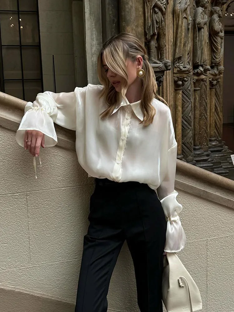 

Solid Satin Lace Up Women Blouse Fashion Full Sleeve Single Breasted Buckle Pleated Shirt Summer Lady Highstreet Commute Shirts