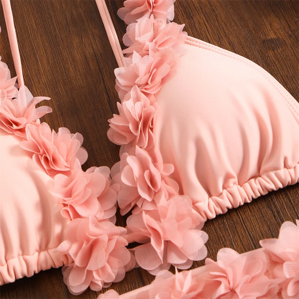 Rosa Bikini, durchsichtig, mit Blumenmuster, Badeanzug, String-Bikini, Träger, Blumen, Bademode, Damen, rückenfrei, schwarzer Strand-Outfit-Badeanzug