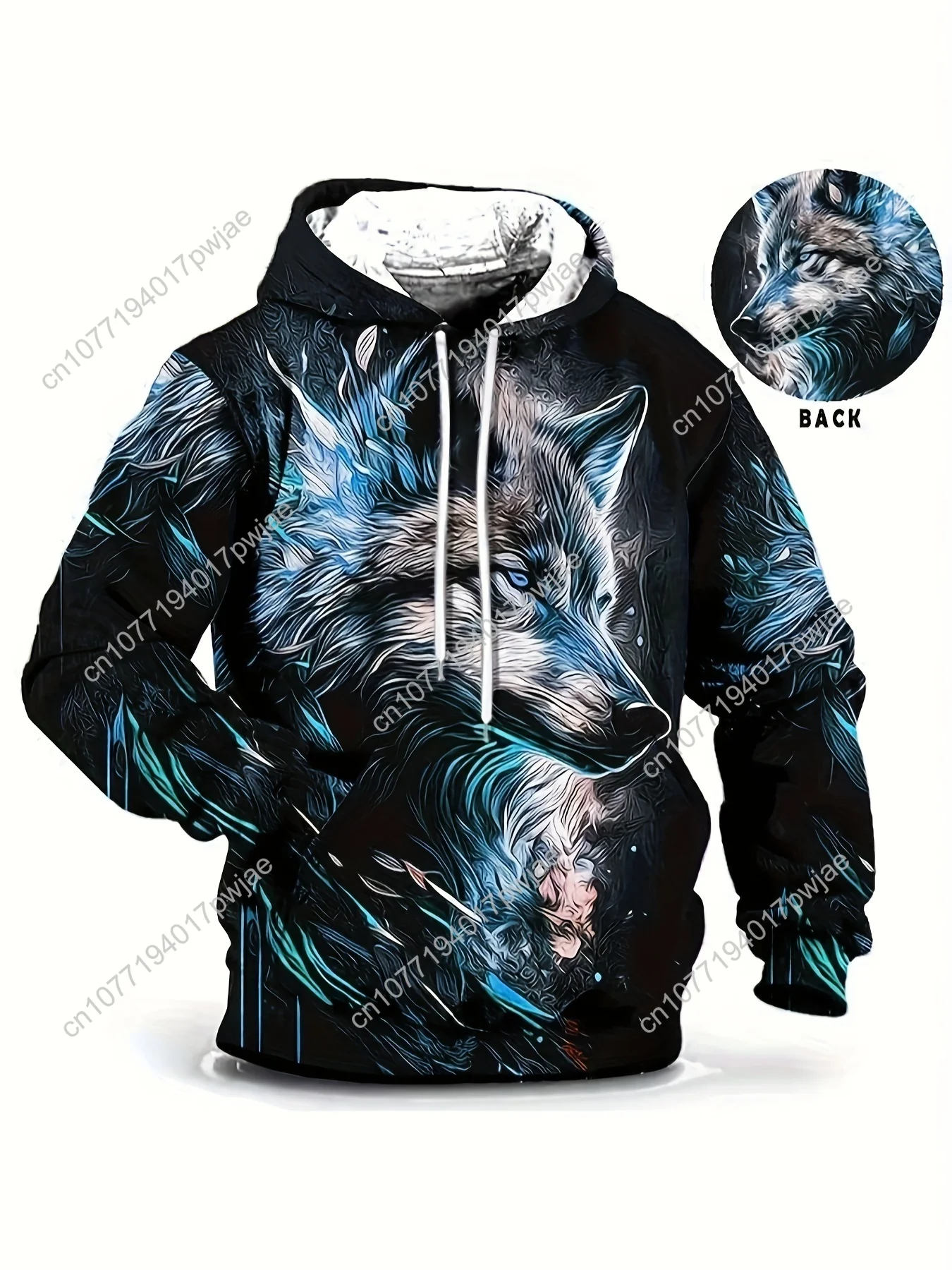 Herren-Kapuzenpullover in Übergröße mit lebendigem Wolf-Gesicht und Digitaldruck – sportliches Polyester-Sweatshirt, maschinenwaschbar, verstellbares Kordelzug