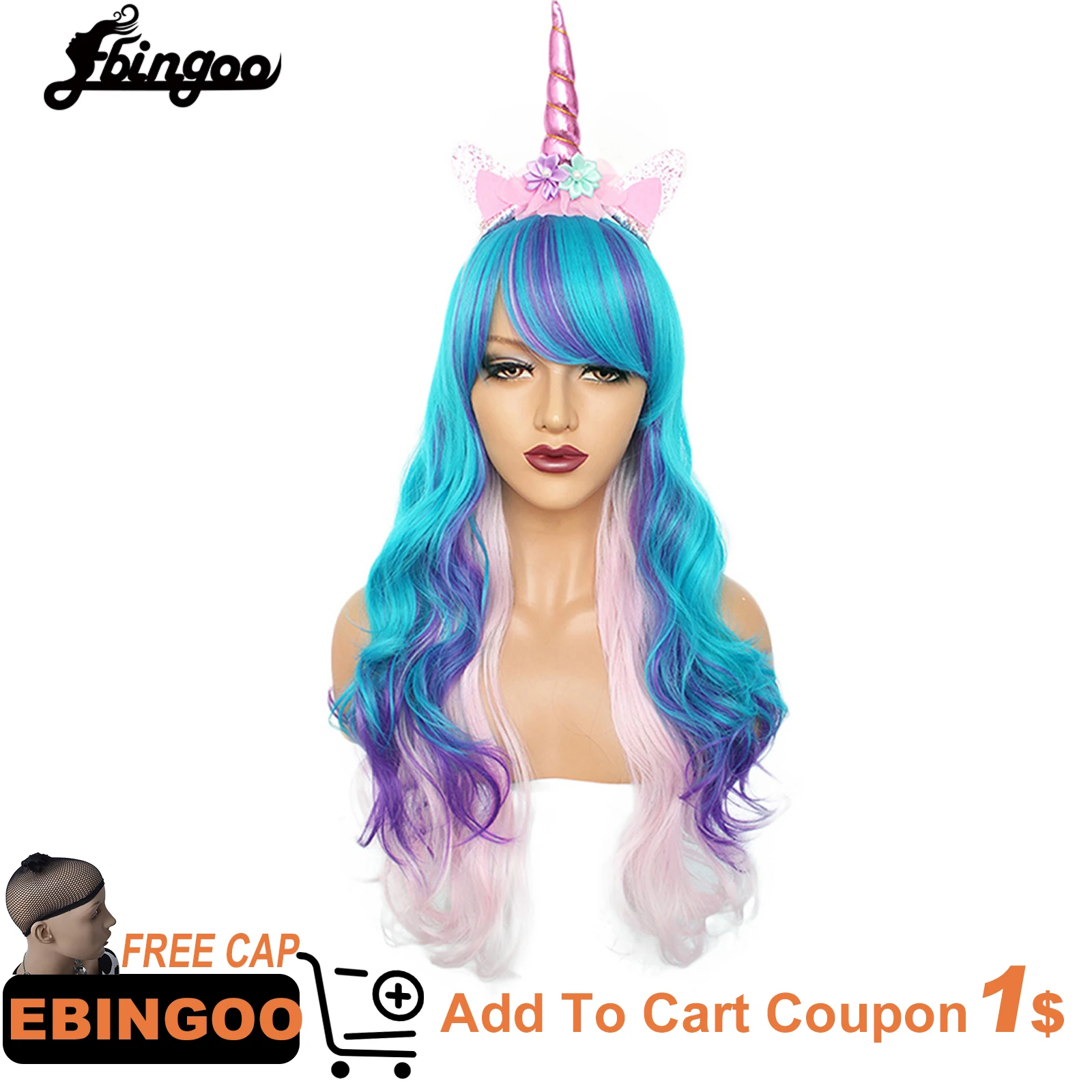 

Ebingoo Unicorn Cosplay Wigs Blue Purple Muticolor Long Wave High Temperature Synthetic Wig Fiber Hair Girl Halloween Party