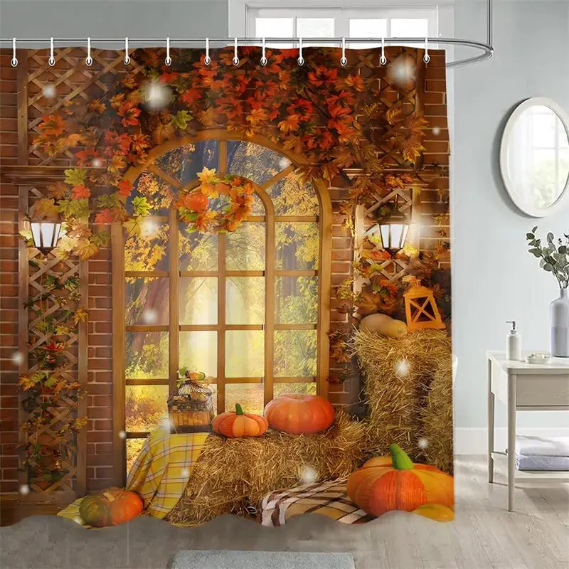 Autumn Barn Shower Curtains Red Maple Leaves Pumpkin Haystacks Window Forest Scenery Bath Curtain Polyester Home Bathroom Decor