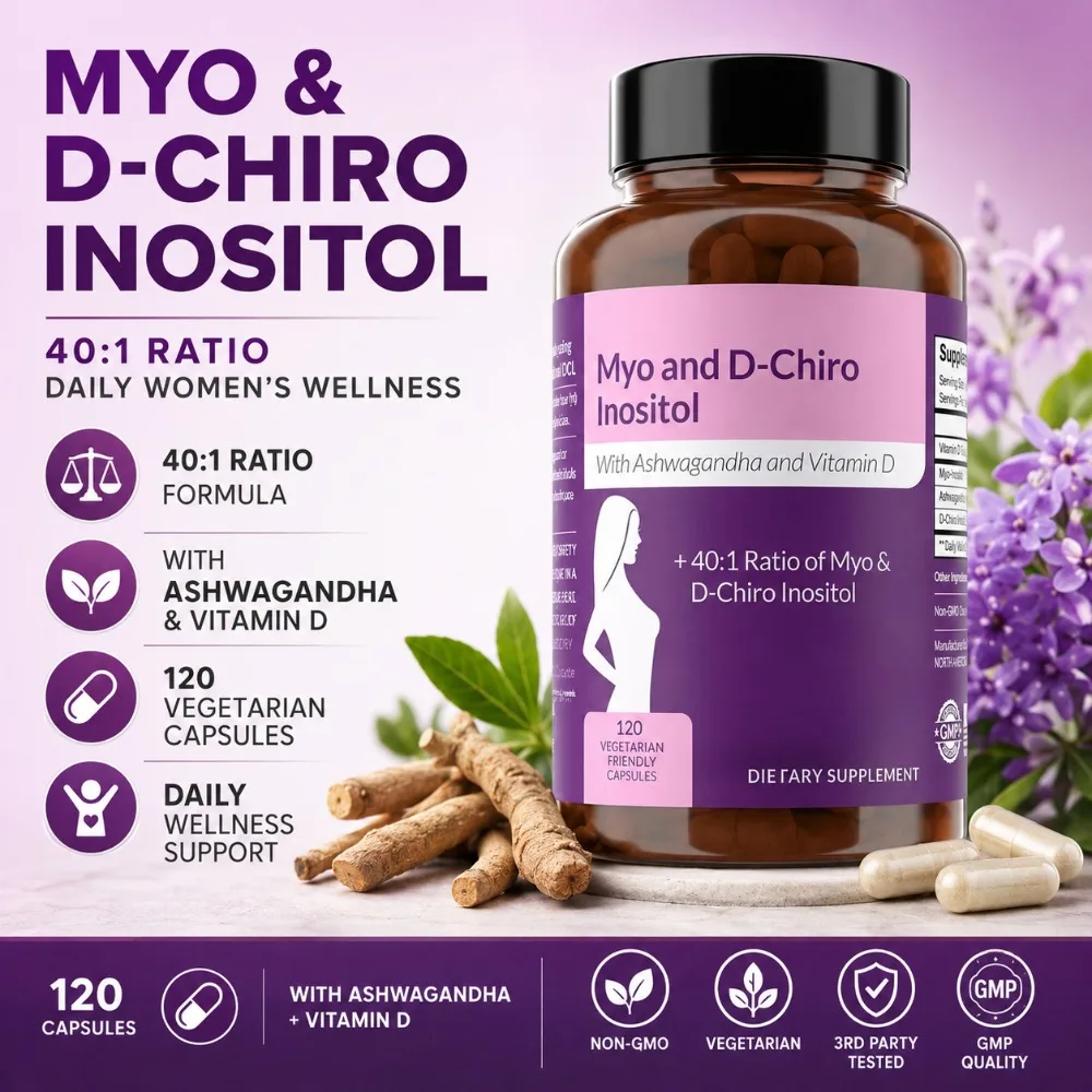 40:1 Myo-Inositol and D-Chiro Inositol Capsules, Vitamin D3 Ashwagandha, 120 Count Daily Wellness Supplement