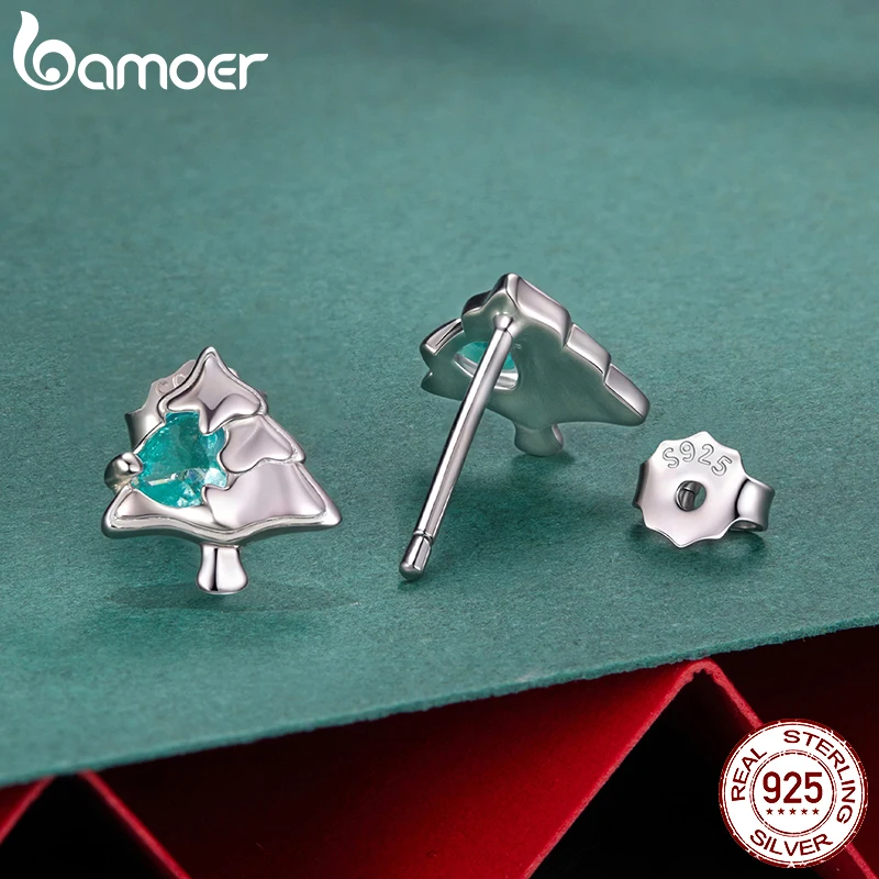 BAMOER 925 sterling zilveren kerstboom oorknopjes, verguld wit goud groen hart CZ piercing oorbellen voor meisjes kerstcadeau