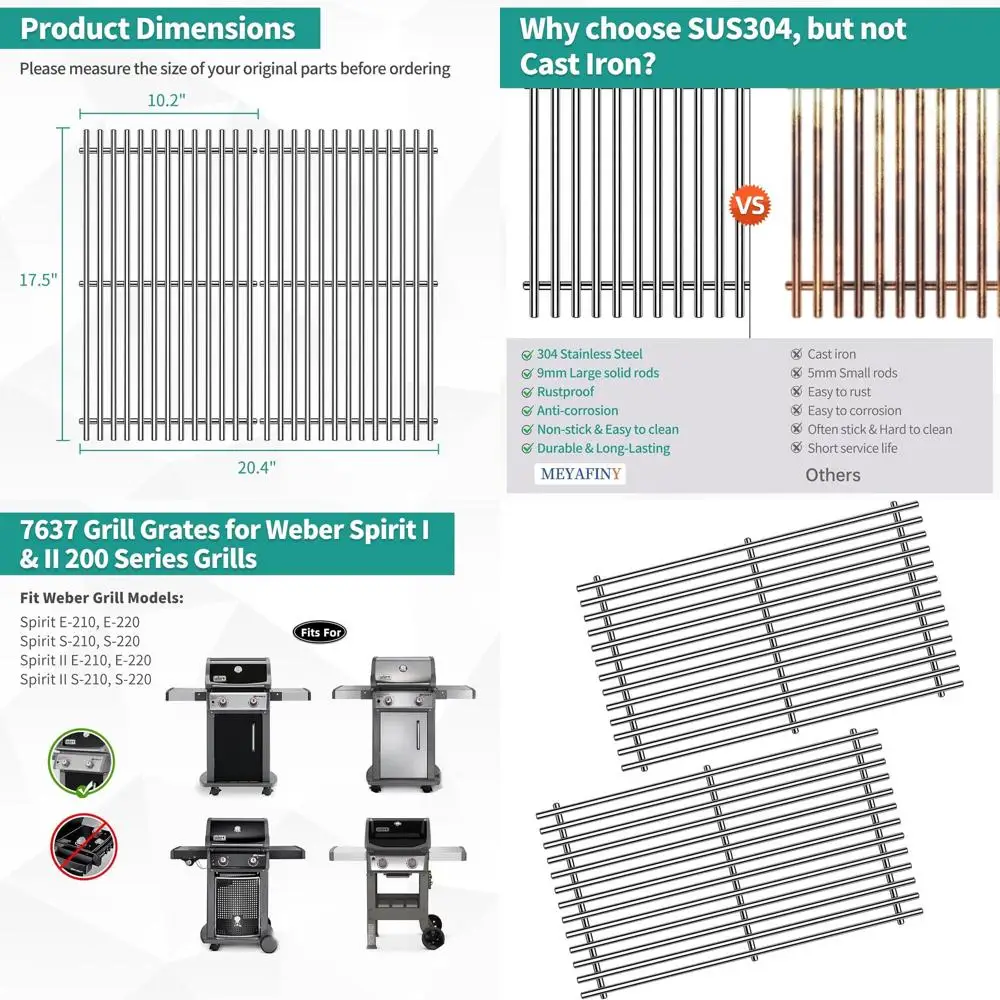 

9MM 304 Stainless Steel Spirit Grill Grates for Weber Spirit E-210/220 and S-210/220 Gas Grills with Front Control, Replacement