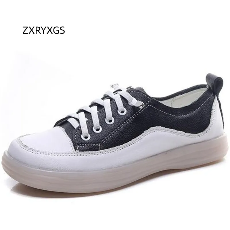 

ZXRYXGS 2023 Promotion Genuine Leather Shoes Flat Sneakers Comfort Soft Sole Large Size Casual Sneakers Women Trend Shoes Black