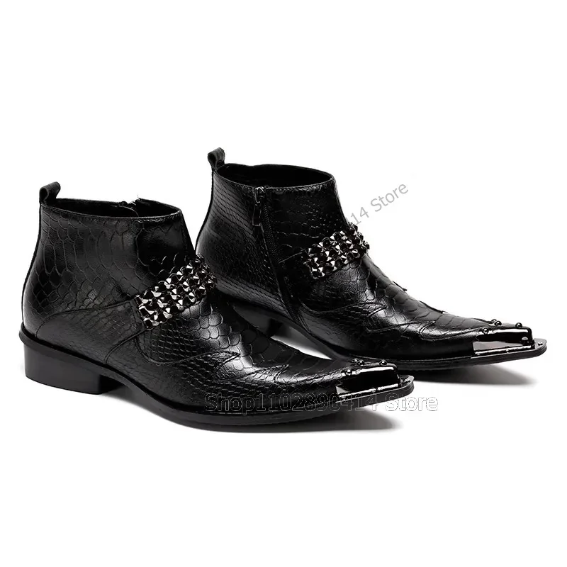 Black Crocodile Print Rivets Decor Ankle Boots Fashion Side Zipper Men Boots Luxury Handmade Party Feast Office Men Dress Shoes