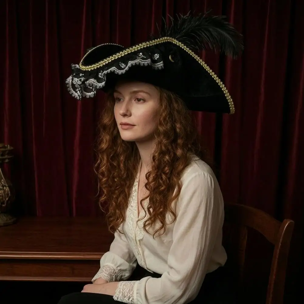Halloween Party Hat Halloween Pirate Hat with Burgundy Lace Feathered Buccaneer Cap Vintage Captain Costume Accessory for Women