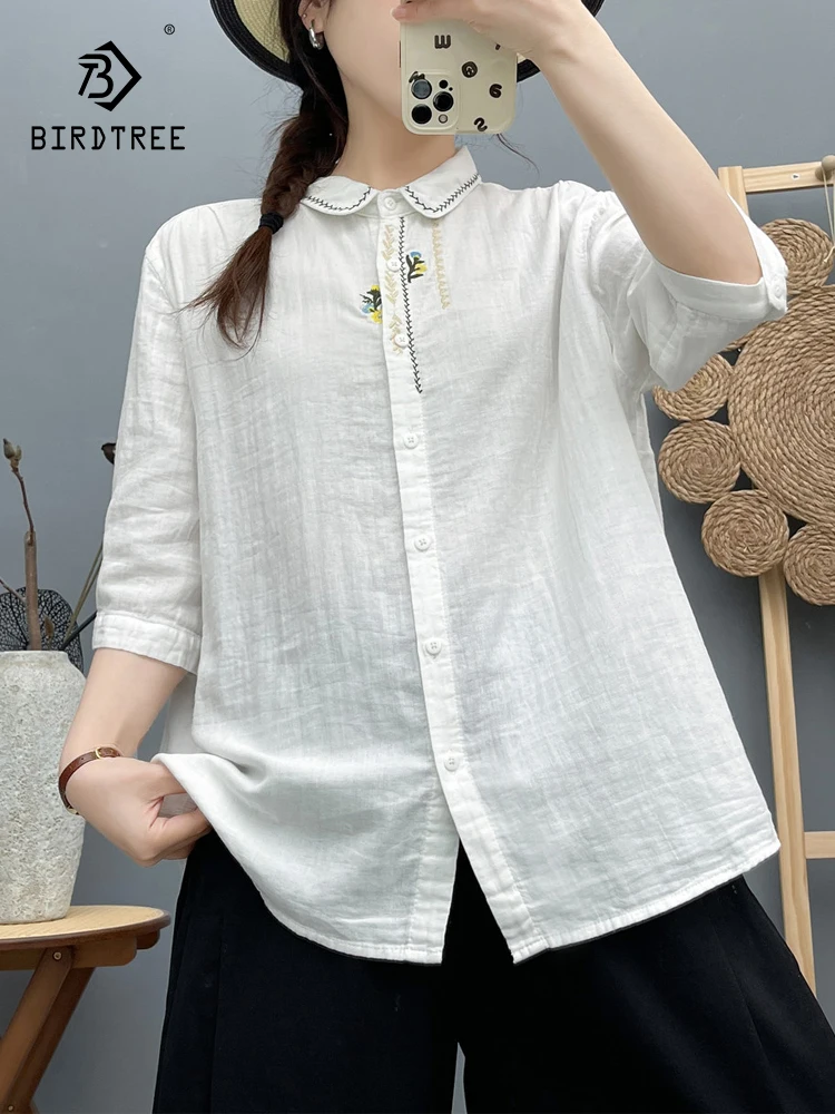 

Новая летняя женская блузка из хлопковой пряжи с коротким рукавом, с отложным воротником и цветочной вышивкой, в стиле Mori Girl, шикарная, в стиле преппи, свободного кроя T64655CC