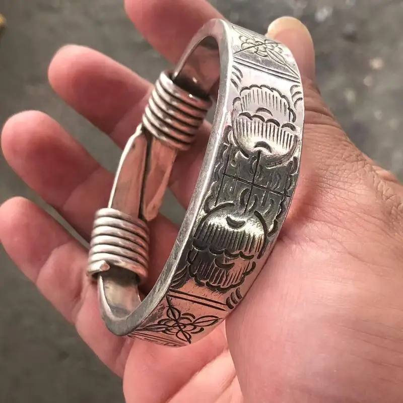 Silver-Plated Jewelry Bracelet, Widened Thickened, Women'S , Push--Pull Design, Vintage And Antique-Style, Made With