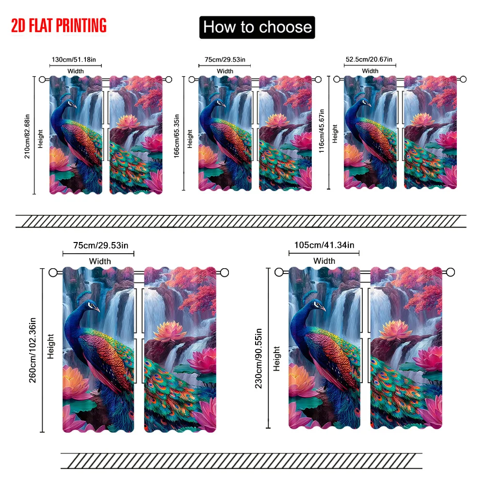 2 قطعة، ستائر طباعة طائرة ثنائية الأبعاد مطبوعة رقمية ملونة تصميم طاووس بوليستر سهل التركيب (بدون قضيب) ديكورات لـ #3