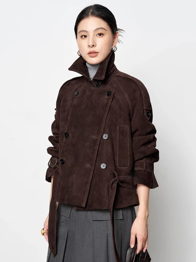 

Vintage Short Genuine Leather Jackets for Women Simple Double Breasted Real Goatskin Suede Coat with Belt jaqueta feminina couro