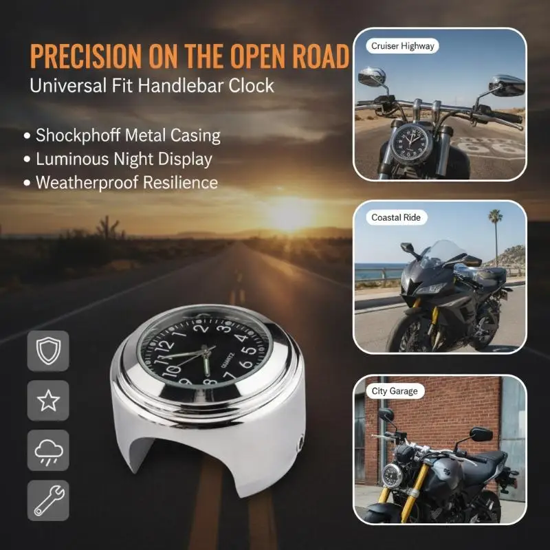 IP67 Waterproof Motorcycle Handlebar Thermometer Temp Gauge Clock for All Motorbike Types Outdoor All-season Use