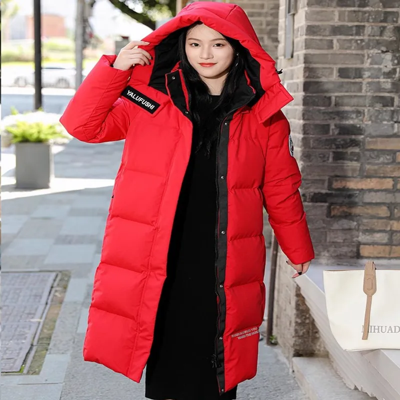 Echt wit eendendonsjack voor dames Noordoost super dikke lange, nauwsluitende winterjas tot over de knie