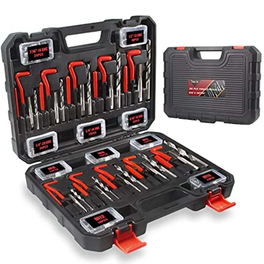 Thread Repair Kit, 261-Piece HSS Drill Helicoil Repair Kit SAE and Metric 1/4