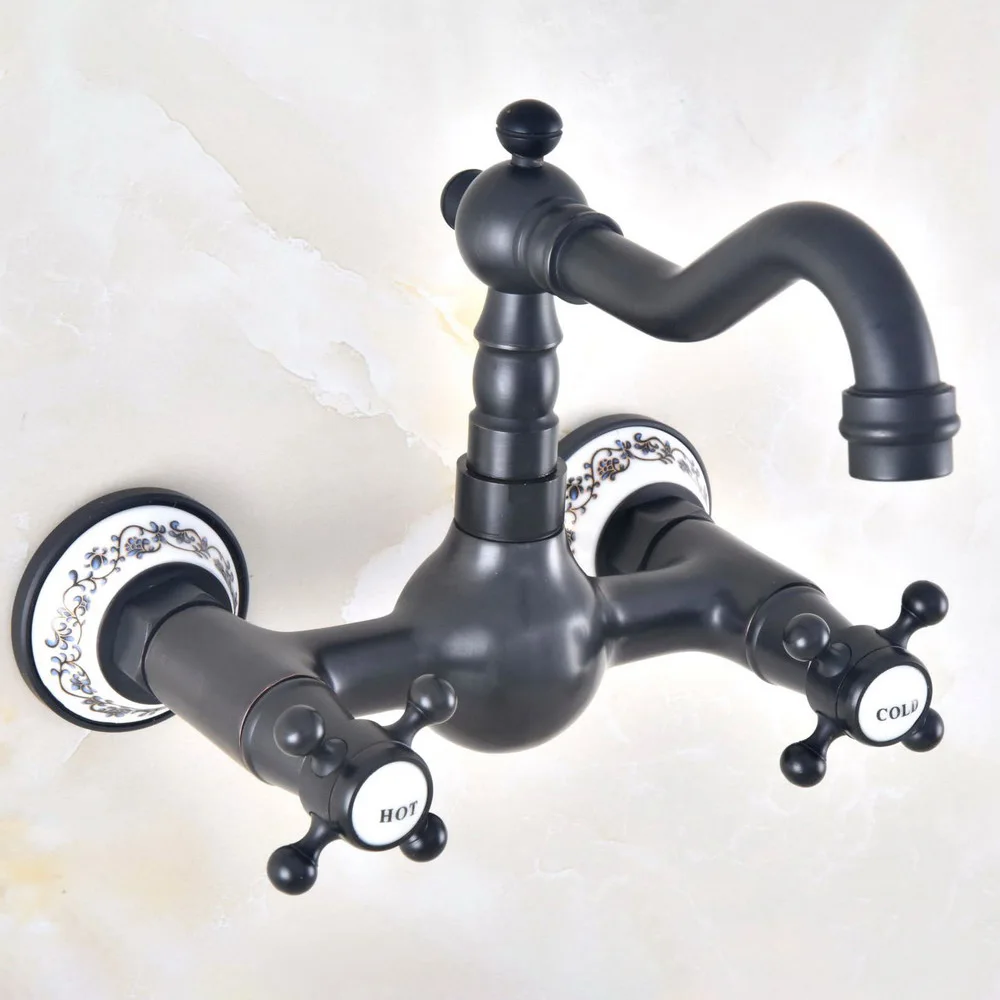 

Oil Rubbed Bronze Dual Handles Bathroom Kitchen Sink Faucets Wall Mounted Swivel Spout Two Holes Kitchen Mixer Taps znf473