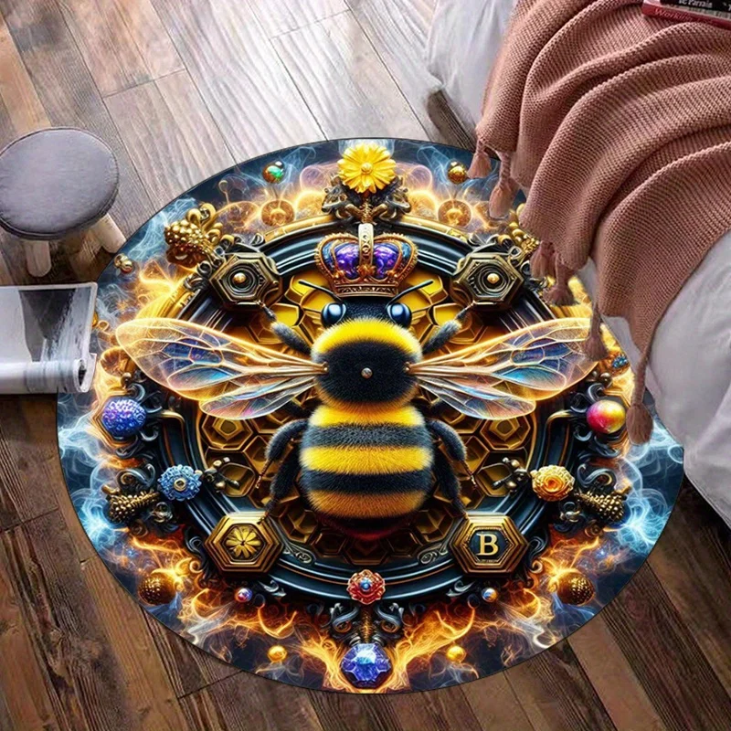 Alfombra redonda de insecto coronado de abeja real, diseño artístico de fantasía, marco dorado, alfombra de suelo con tema mágico, decoración única para el hogar, forro polar de cristal