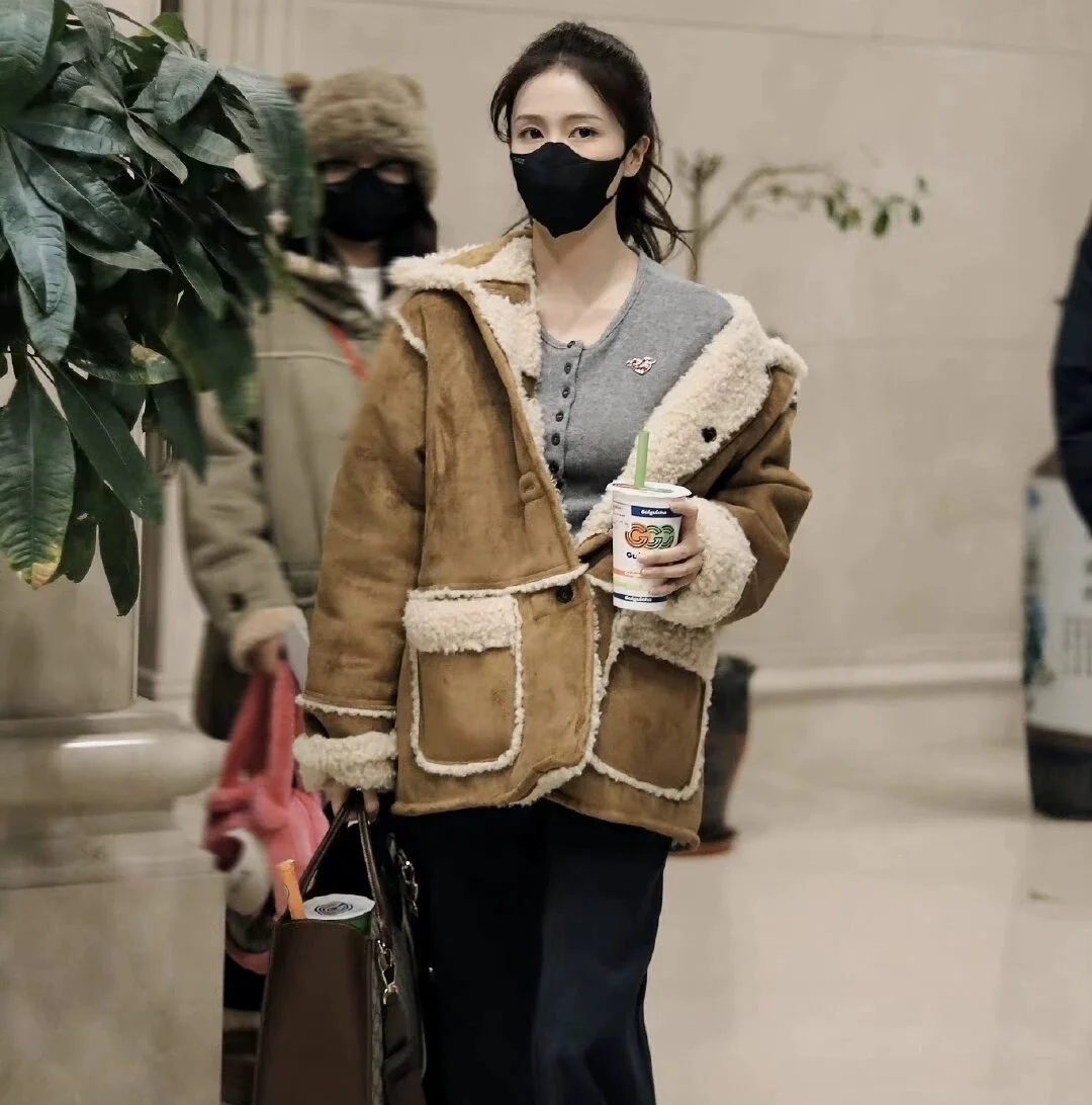 

Thiened Lamb Fur Inteated Outerwear Coat Warm Sli Mid-Length Hooded Ladies Jaet Commute Sle Loose Fit Button Door