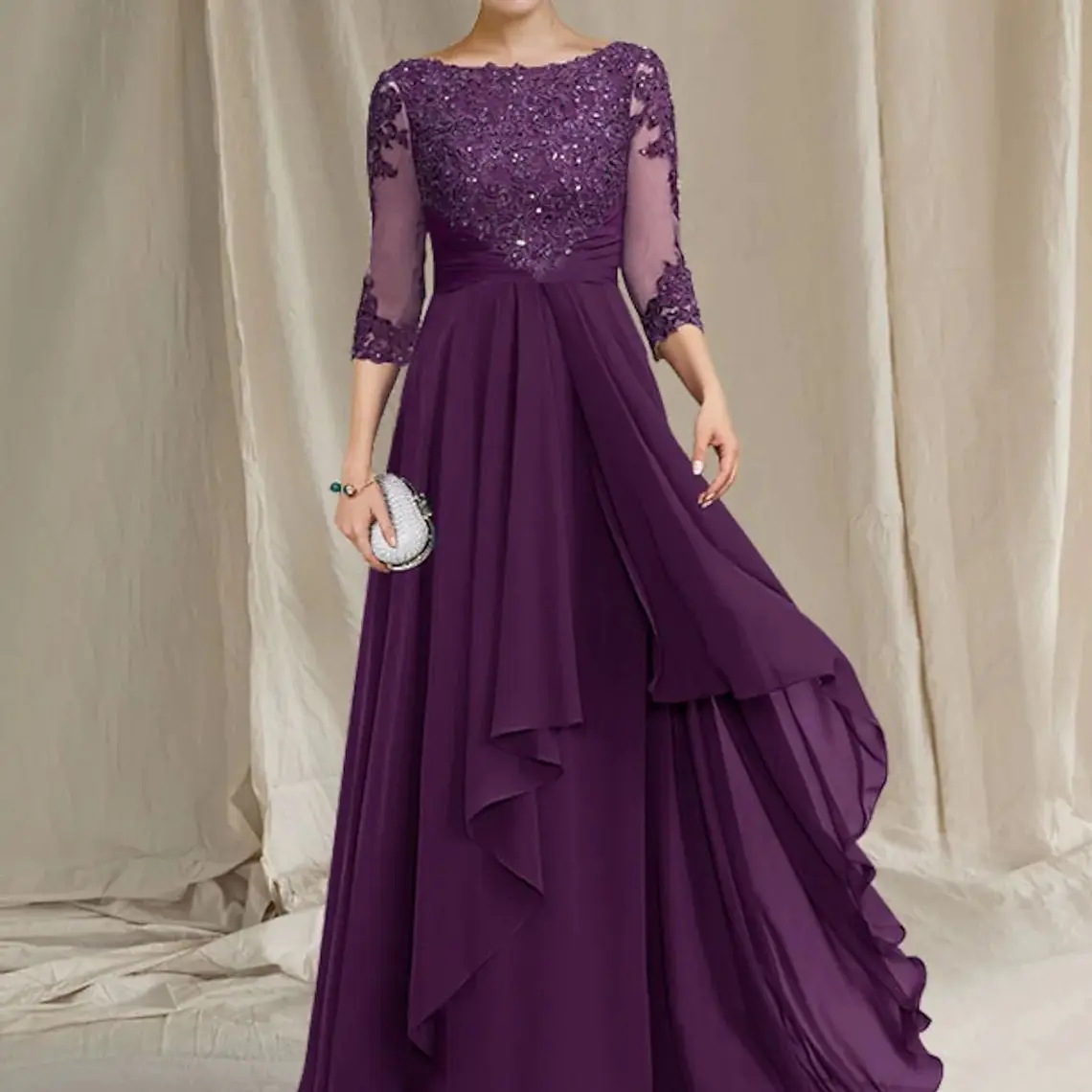 

Long Wedding Guest Party Dress For Woman Appliue Floor Lengh Chiffon Formal Mother Of The Bride Gown Plus Size A Line 3/4 Sleeve