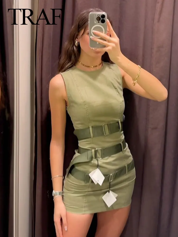 TRAF 2024 Women\'s Fashion Street Dress Sleeveless Round Neck Army Green Belt Decoration Slim Cargo Sundress Vintage Trendy Dress