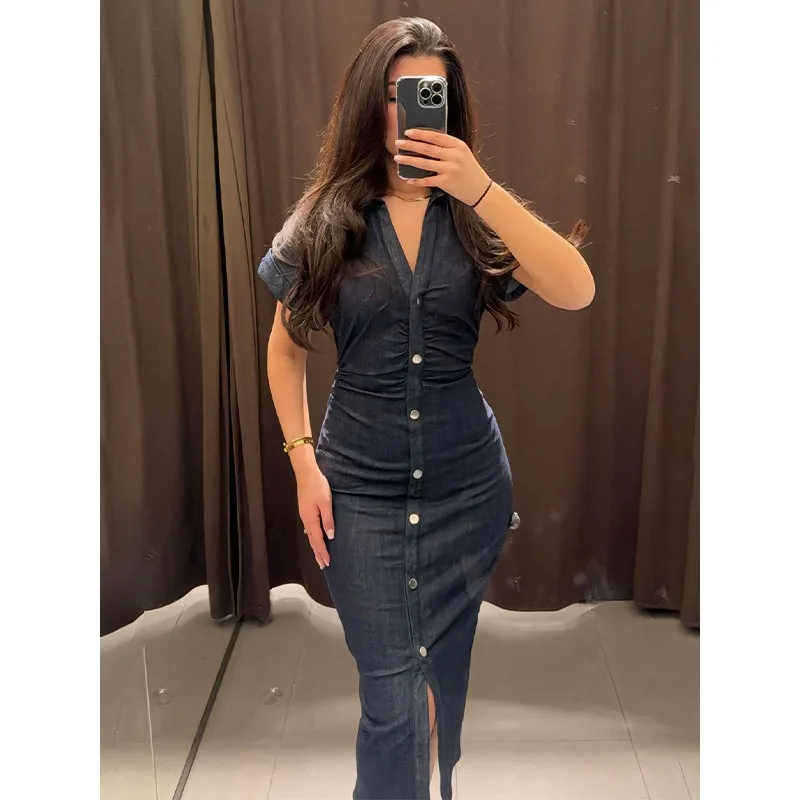 

New Long Dresses 2025 Woman Fashion Summer Single Breasted Slim Fit Denim Skirts Women's Clothing Top